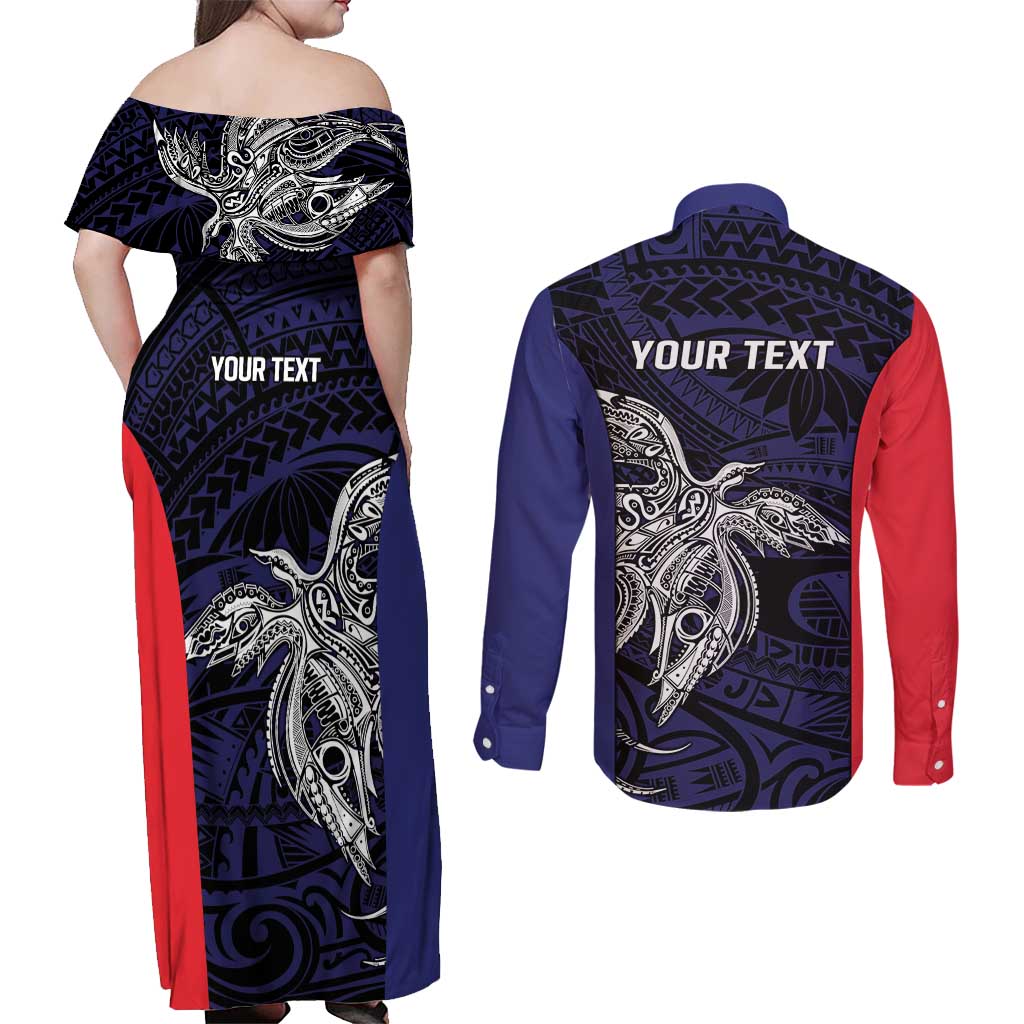 Personalised PNG Bougainville Couples Matching Off Shoulder Maxi Dress and Long Sleeve Button Shirt Bird of Paradise Tattoo Flag Motif LT9 - Polynesian Pride