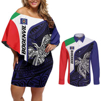 Personalised PNG Bougainville Couples Matching Off Shoulder Short Dress and Long Sleeve Button Shirt Bird of Paradise Tattoo Flag Motif LT9 Blue - Polynesian Pride