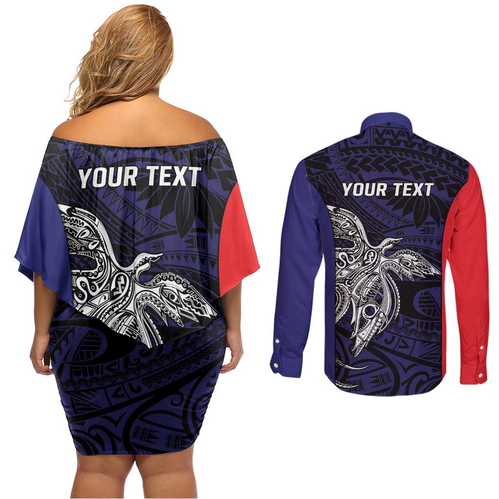Personalised PNG Bougainville Couples Matching Off Shoulder Short Dress and Long Sleeve Button Shirt Bird of Paradise Tattoo Flag Motif LT9 - Polynesian Pride