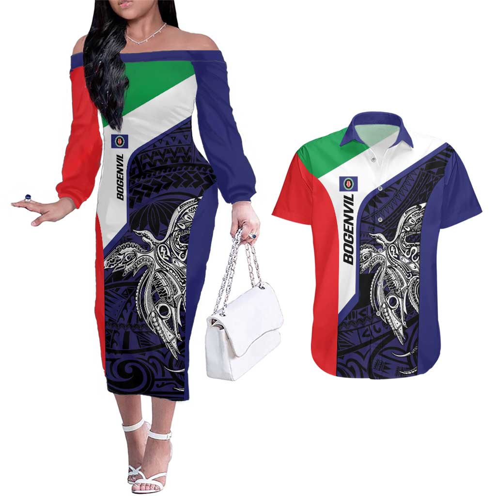 Personalised PNG Bougainville Couples Matching Off The Shoulder Long Sleeve Dress and Hawaiian Shirt Bird of Paradise Tattoo Flag Motif LT9 Blue - Polynesian Pride