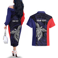 Personalised PNG Bougainville Couples Matching Off The Shoulder Long Sleeve Dress and Hawaiian Shirt Bird of Paradise Tattoo Flag Motif LT9 - Polynesian Pride