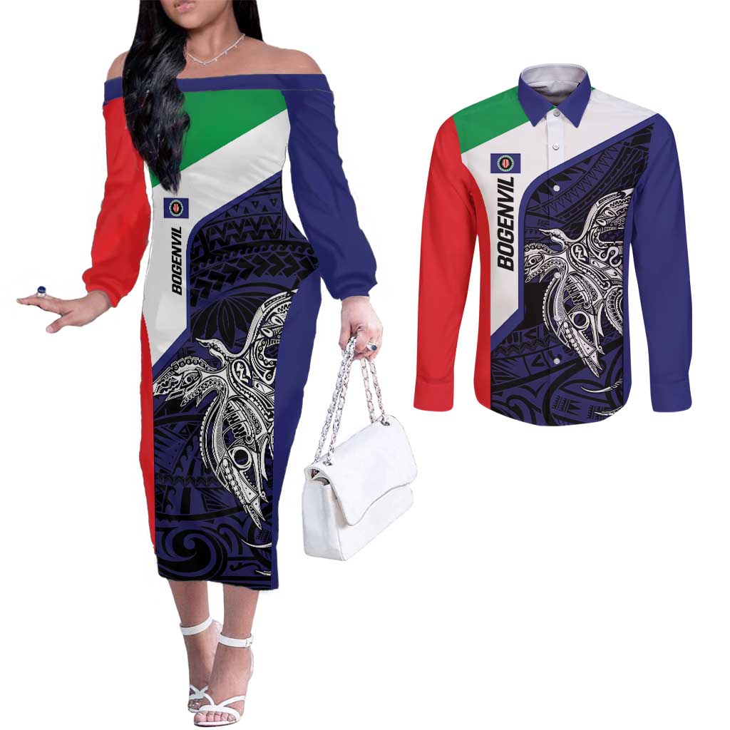 Personalised PNG Bougainville Couples Matching Off The Shoulder Long Sleeve Dress and Long Sleeve Button Shirt Bird of Paradise Tattoo Flag Motif LT9 Blue - Polynesian Pride