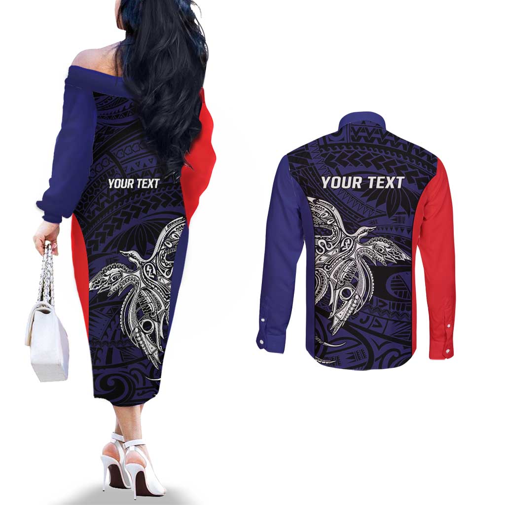 Personalised PNG Bougainville Couples Matching Off The Shoulder Long Sleeve Dress and Long Sleeve Button Shirt Bird of Paradise Tattoo Flag Motif LT9 - Polynesian Pride