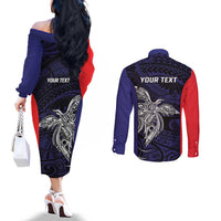 Personalised PNG Bougainville Couples Matching Off The Shoulder Long Sleeve Dress and Long Sleeve Button Shirt Bird of Paradise Tattoo Flag Motif LT9 - Polynesian Pride