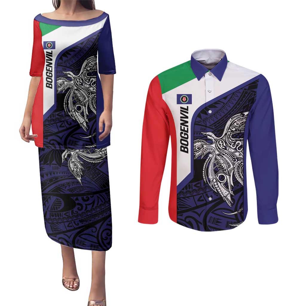 Personalised PNG Bougainville Couples Matching Puletasi and Long Sleeve Button Shirt Bird of Paradise Tattoo Flag Motif LT9 Blue - Polynesian Pride