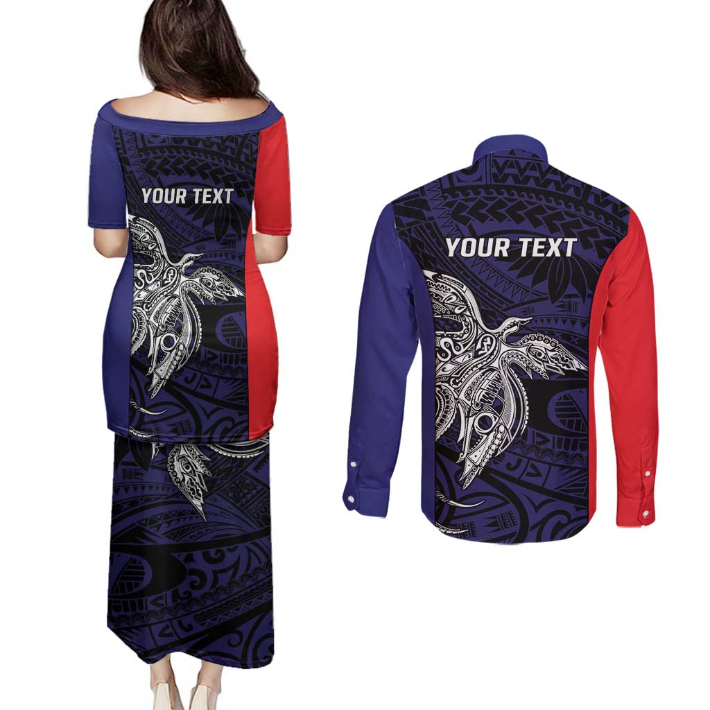 Personalised PNG Bougainville Couples Matching Puletasi and Long Sleeve Button Shirt Bird of Paradise Tattoo Flag Motif LT9 - Polynesian Pride