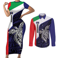 Personalised PNG Bougainville Couples Matching Short Sleeve Bodycon Dress and Long Sleeve Button Shirt Bird of Paradise Tattoo Flag Motif LT9 Blue - Polynesian Pride