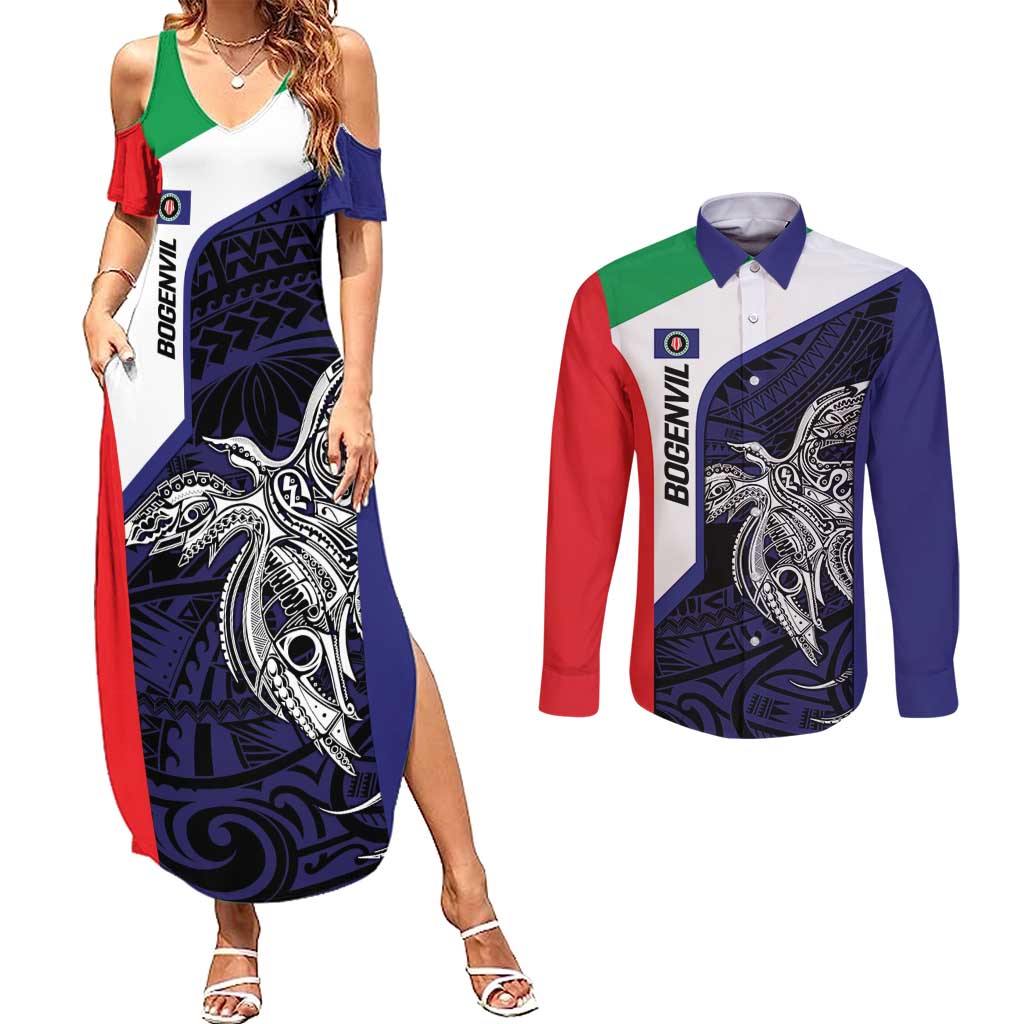 Personalised PNG Bougainville Couples Matching Summer Maxi Dress and Long Sleeve Button Shirt Bird of Paradise Tattoo Flag Motif LT9 Blue - Polynesian Pride