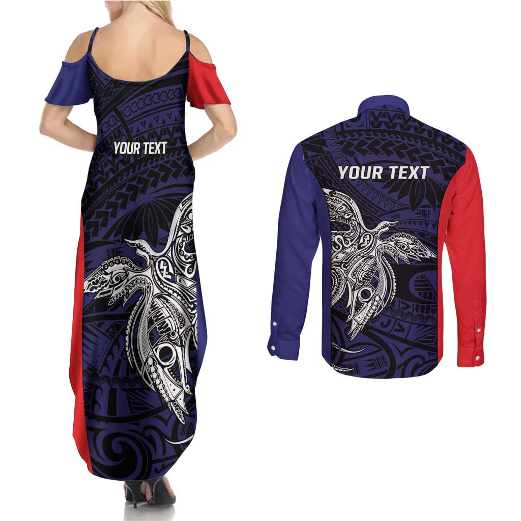 Personalised PNG Bougainville Couples Matching Summer Maxi Dress and Long Sleeve Button Shirt Bird of Paradise Tattoo Flag Motif LT9 - Polynesian Pride