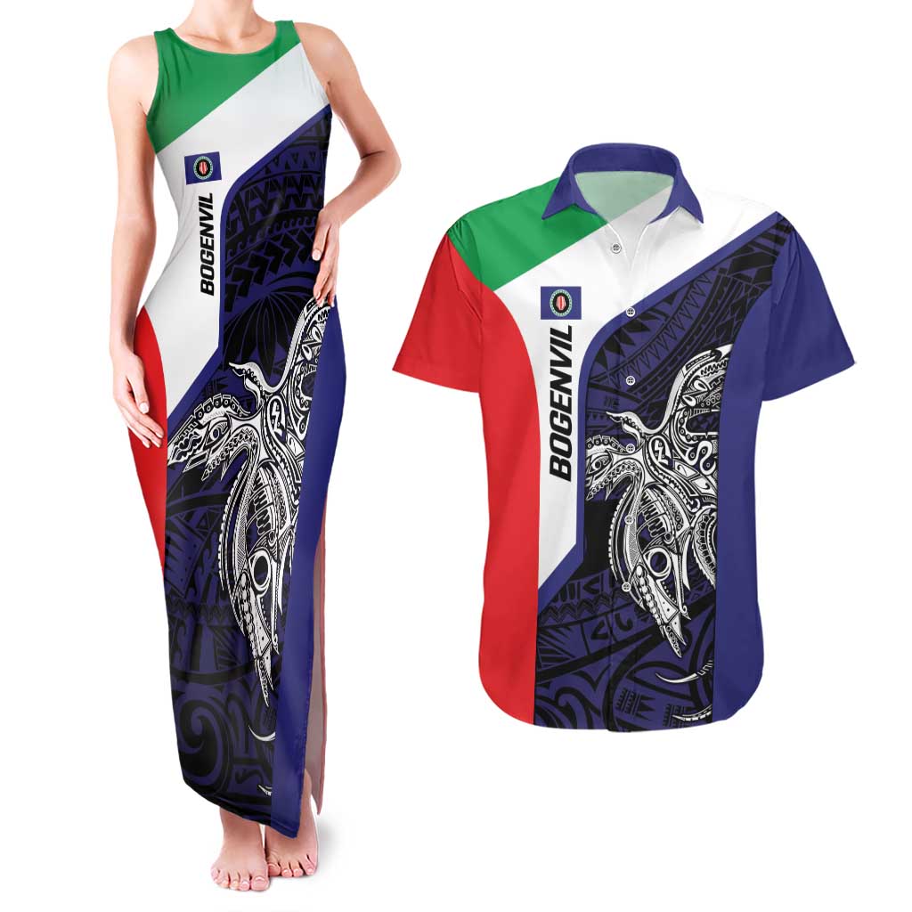 Personalised PNG Bougainville Couples Matching Tank Maxi Dress and Hawaiian Shirt Bird of Paradise Tattoo Flag Motif LT9 Blue - Polynesian Pride