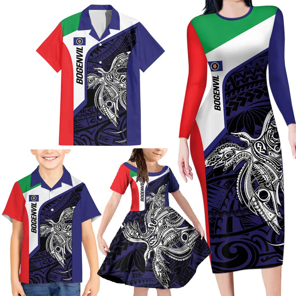 Personalised PNG Bougainville Family Matching Long Sleeve Bodycon Dress and Hawaiian Shirt Bird of Paradise Tattoo Flag Motif LT9 - Polynesian Pride