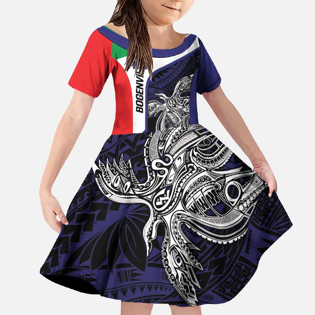 Personalised PNG Bougainville Family Matching Mermaid Dress and Hawaiian Shirt Bird of Paradise Tattoo Flag Motif LT9 Daughter's Dress Blue - Polynesian Pride
