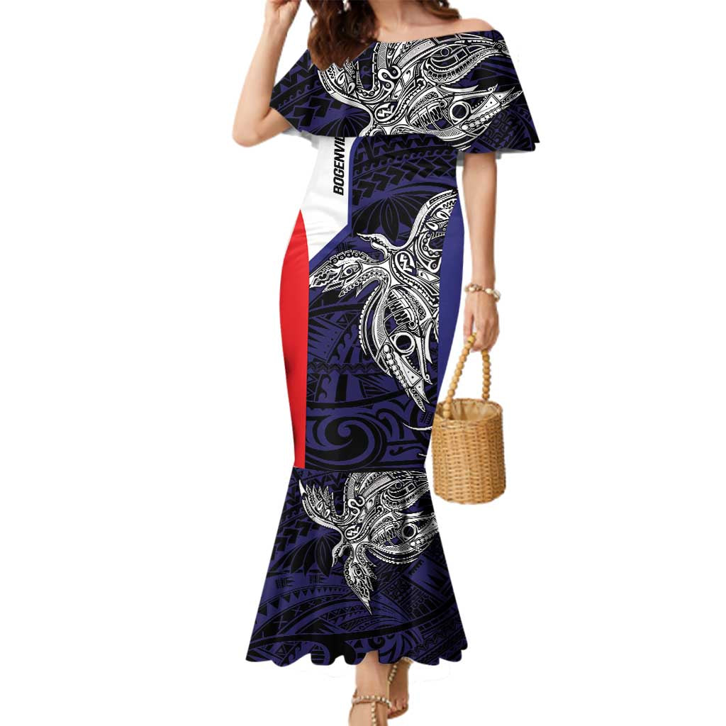 Personalised PNG Bougainville Family Matching Mermaid Dress and Hawaiian Shirt Bird of Paradise Tattoo Flag Motif LT9 Mom's Dress Blue - Polynesian Pride