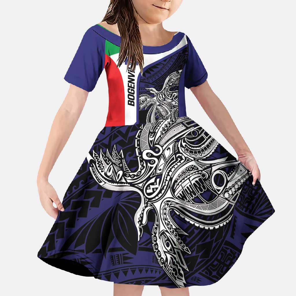 Personalised PNG Bougainville Family Matching Off Shoulder Maxi Dress and Hawaiian Shirt Bird of Paradise Tattoo Flag Motif LT9 Daughter's Dress Blue - Polynesian Pride