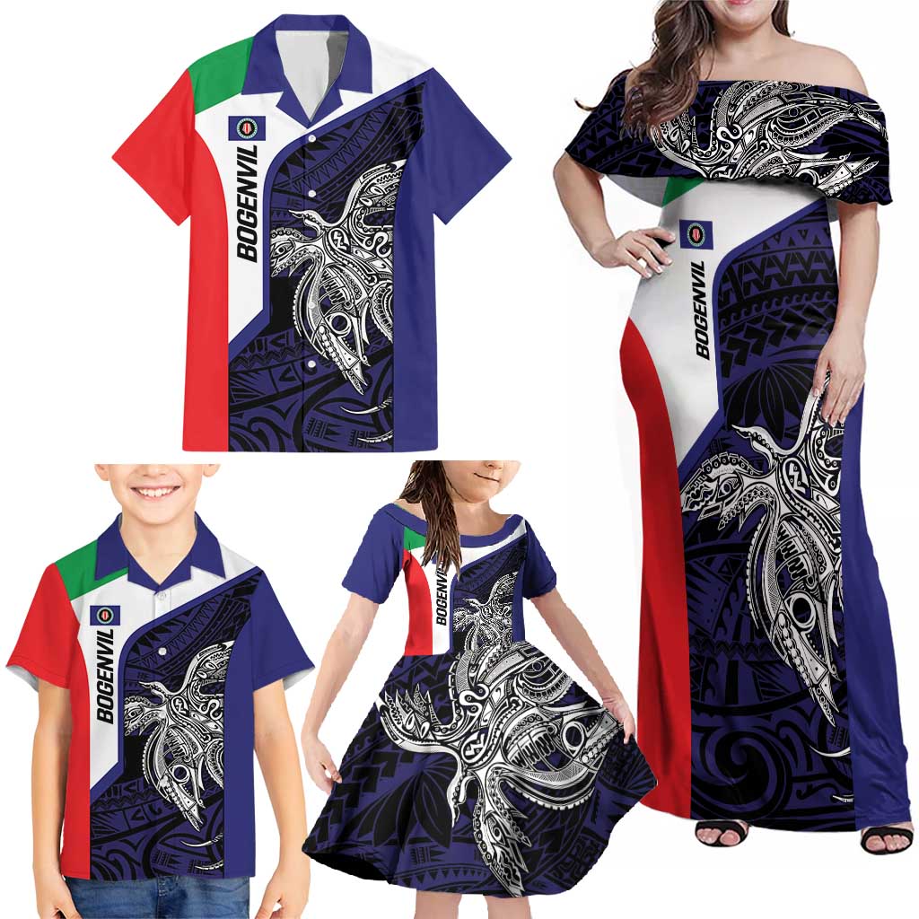 Personalised PNG Bougainville Family Matching Off Shoulder Maxi Dress and Hawaiian Shirt Bird of Paradise Tattoo Flag Motif LT9 - Polynesian Pride