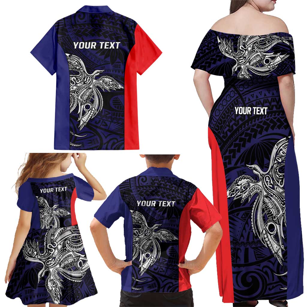 Personalised PNG Bougainville Family Matching Off Shoulder Maxi Dress and Hawaiian Shirt Bird of Paradise Tattoo Flag Motif LT9 - Polynesian Pride