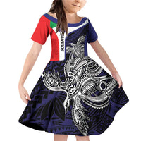 Personalised PNG Bougainville Family Matching Off Shoulder Short Dress and Hawaiian Shirt Bird of Paradise Tattoo Flag Motif LT9 Daughter's Dress Blue - Polynesian Pride