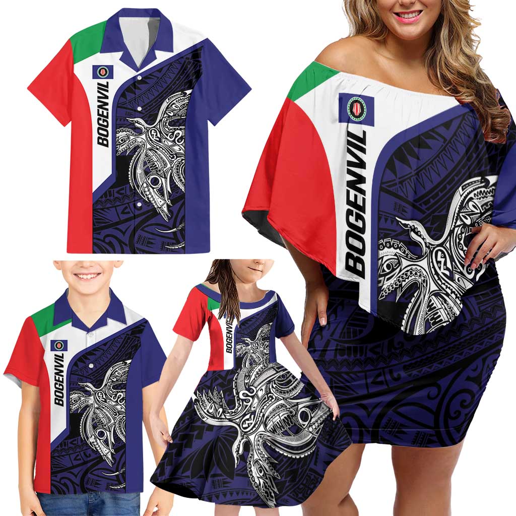 Personalised PNG Bougainville Family Matching Off Shoulder Short Dress and Hawaiian Shirt Bird of Paradise Tattoo Flag Motif LT9 - Polynesian Pride