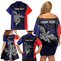 Personalised PNG Bougainville Family Matching Off Shoulder Short Dress and Hawaiian Shirt Bird of Paradise Tattoo Flag Motif LT9 - Polynesian Pride