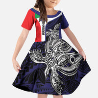 Personalised PNG Bougainville Family Matching Short Sleeve Bodycon Dress and Hawaiian Shirt Bird of Paradise Tattoo Flag Motif LT9 Daughter's Dress Blue - Polynesian Pride