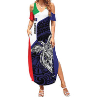Personalised PNG Bougainville Family Matching Summer Maxi Dress and Hawaiian Shirt Bird of Paradise Tattoo Flag Motif LT9 Mom's Dress Blue - Polynesian Pride