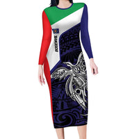 Personalised PNG Bougainville Long Sleeve Bodycon Dress Bird of Paradise Tattoo Flag Motif LT9 Long Dress Blue - Polynesian Pride