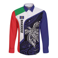 Personalised PNG Bougainville Long Sleeve Button Shirt Bird of Paradise Tattoo Flag Motif LT9 Unisex Blue - Polynesian Pride