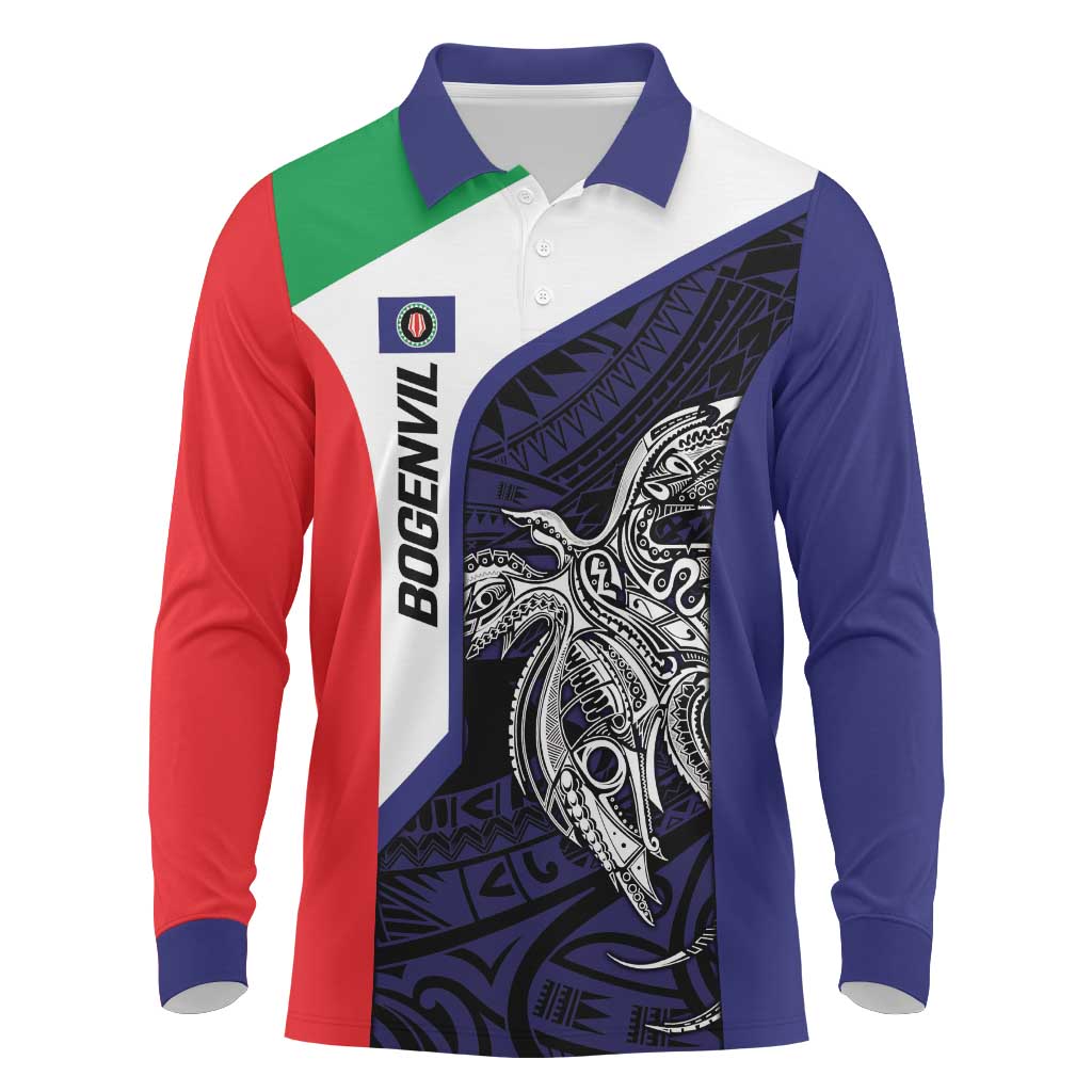 Personalised PNG Bougainville Long Sleeve Polo Shirt Bird of Paradise Tattoo Flag Motif LT9 Blue - Polynesian Pride