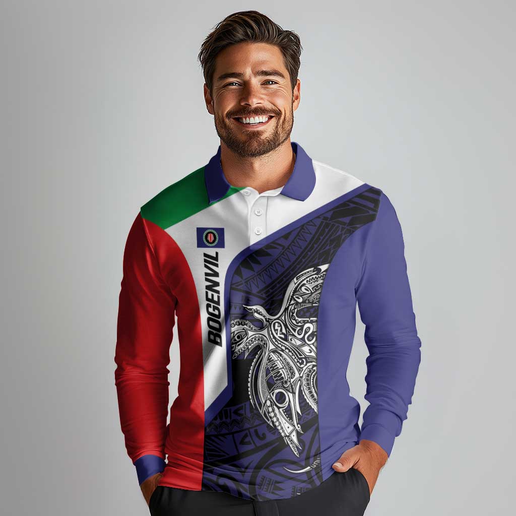 Personalised PNG Bougainville Long Sleeve Polo Shirt Bird of Paradise Tattoo Flag Motif LT9 - Polynesian Pride