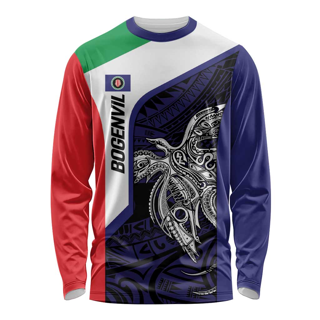 Personalised PNG Bougainville Long Sleeve Shirt Bird of Paradise Tattoo Flag Motif LT9 Unisex Blue - Polynesian Pride