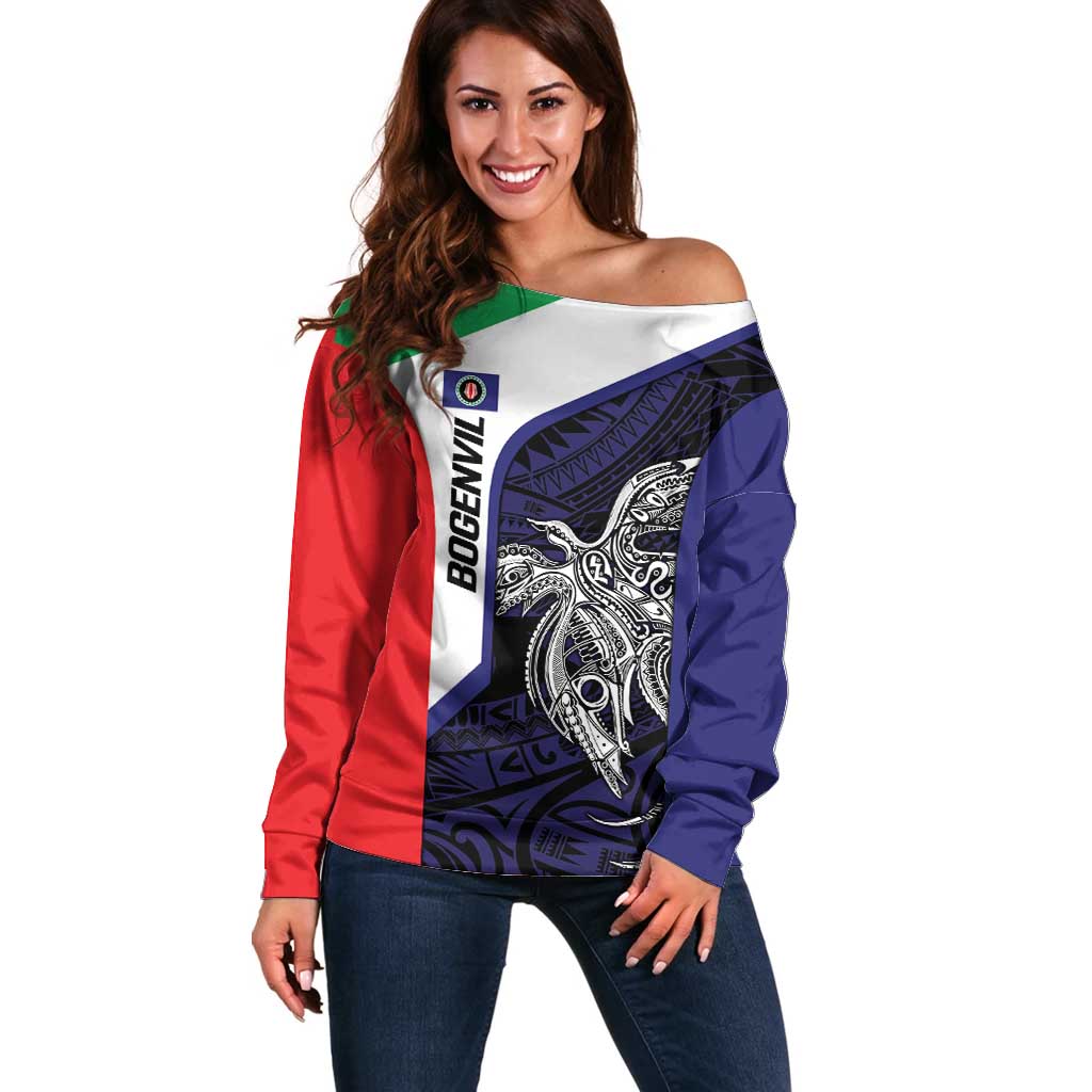 Personalised PNG Bougainville Off Shoulder Sweater Bird of Paradise Tattoo Flag Motif - Polynesian Pride