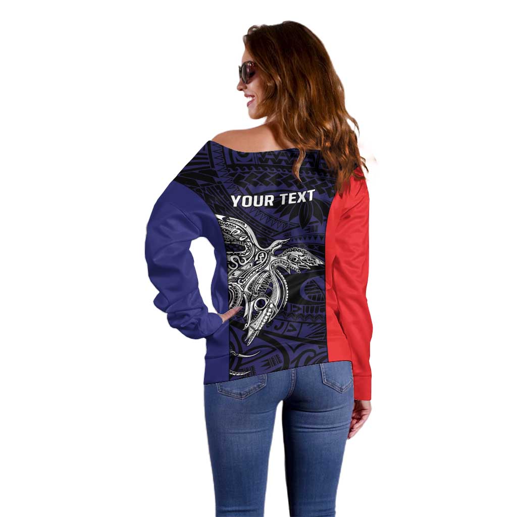 Personalised PNG Bougainville Off Shoulder Sweater Bird of Paradise Tattoo Flag Motif - Polynesian Pride