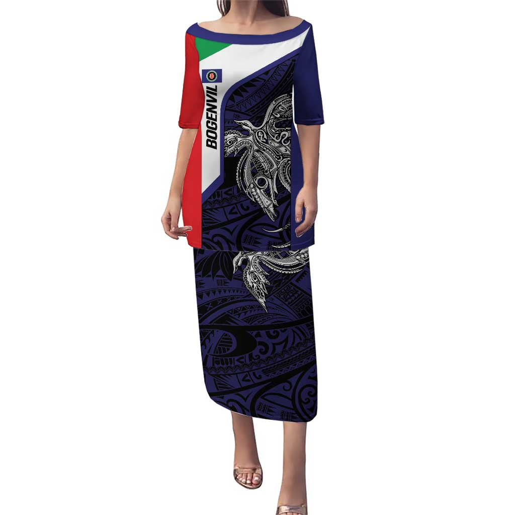 Personalised PNG Bougainville Puletasi Bird of Paradise Tattoo Flag Motif LT9 Long Dress Blue - Polynesian Pride
