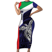 Personalised PNG Bougainville Short Sleeve Bodycon Dress Bird of Paradise Tattoo Flag Motif LT9 Long Dress Blue - Polynesian Pride