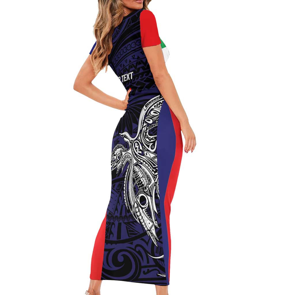 Personalised PNG Bougainville Short Sleeve Bodycon Dress Bird of Paradise Tattoo Flag Motif LT9 - Polynesian Pride