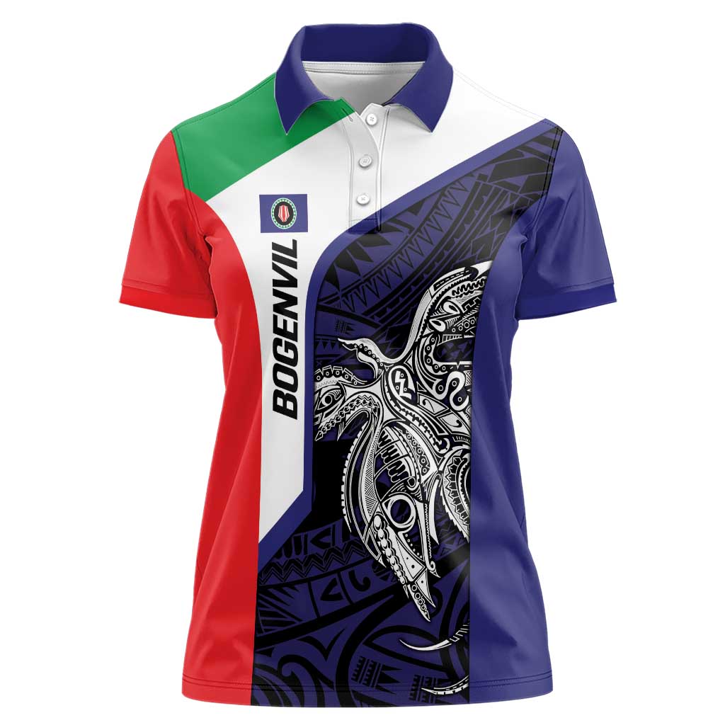 Personalised PNG Bougainville Women Polo Shirt Bird of Paradise Tattoo Flag Motif LT9 Female Blue - Polynesian Pride