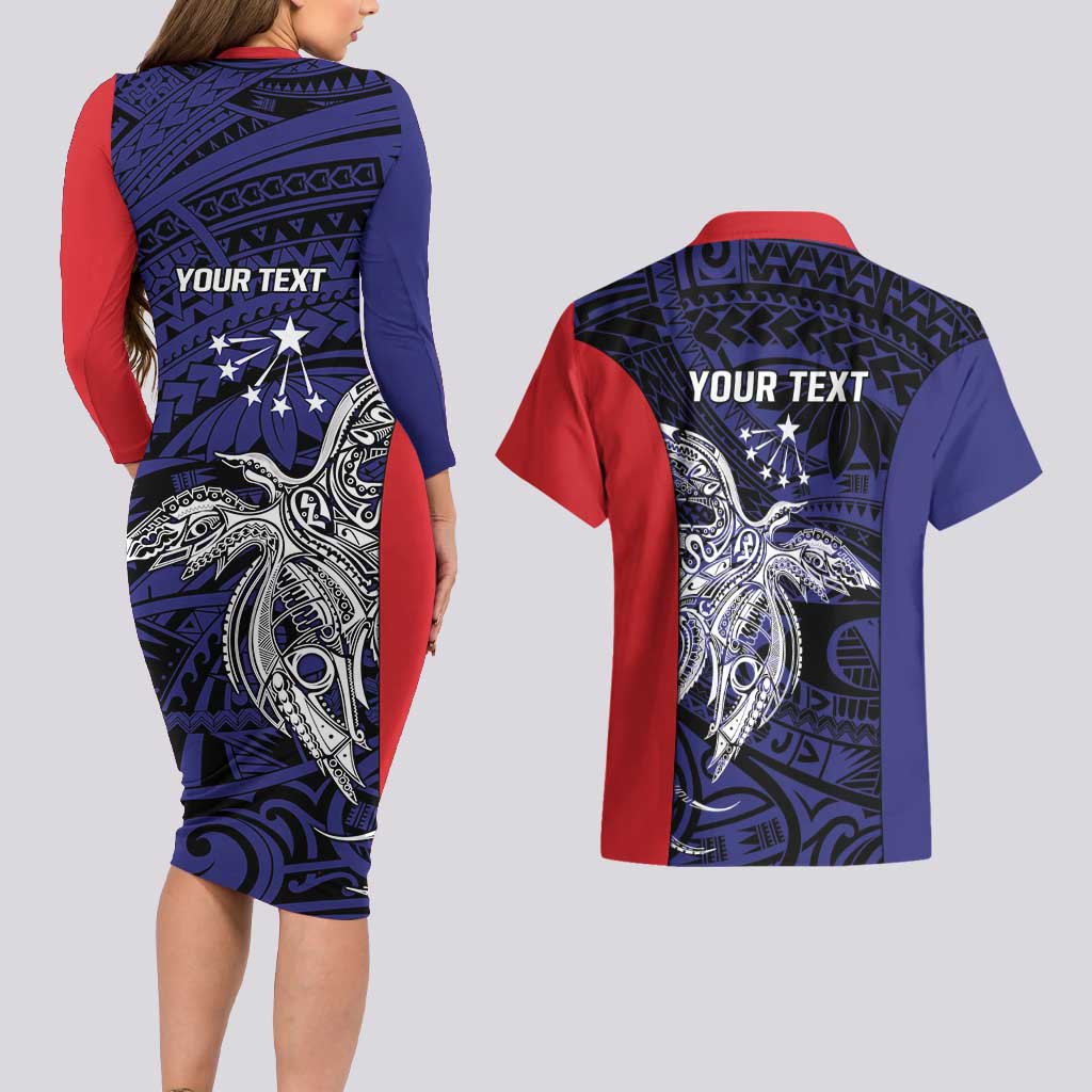 Personalised PNG Central Province Couples Matching Long Sleeve Bodycon Dress and Hawaiian Shirt Bird of Paradise Tattoo Flag Motif LT9 - Polynesian Pride
