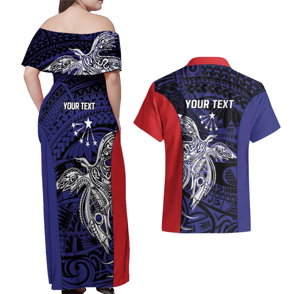 Personalised PNG Central Province Couples Matching Off Shoulder Maxi Dress and Hawaiian Shirt Bird of Paradise Tattoo Flag Motif LT9 - Polynesian Pride