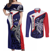 Personalised PNG Central Province Couples Matching Off Shoulder Maxi Dress and Long Sleeve Button Shirt Bird of Paradise Tattoo Flag Motif LT9 Blue - Polynesian Pride