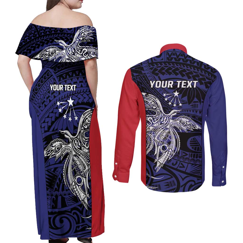 Personalised PNG Central Province Couples Matching Off Shoulder Maxi Dress and Long Sleeve Button Shirt Bird of Paradise Tattoo Flag Motif LT9 - Polynesian Pride