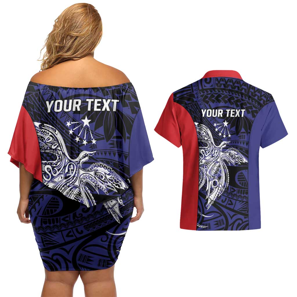 Personalised PNG Central Province Couples Matching Off Shoulder Short Dress and Hawaiian Shirt Bird of Paradise Tattoo Flag Motif LT9 - Polynesian Pride