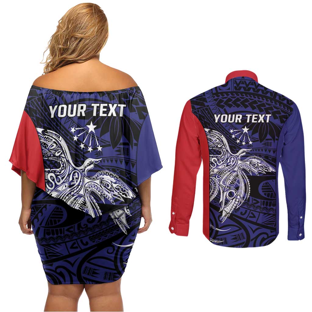 Personalised PNG Central Province Couples Matching Off Shoulder Short Dress and Long Sleeve Button Shirt Bird of Paradise Tattoo Flag Motif LT9 - Polynesian Pride