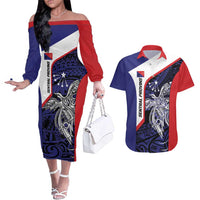 Personalised PNG Central Province Couples Matching Off The Shoulder Long Sleeve Dress and Hawaiian Shirt Bird of Paradise Tattoo Flag Motif LT9 Blue - Polynesian Pride