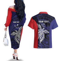 Personalised PNG Central Province Couples Matching Off The Shoulder Long Sleeve Dress and Hawaiian Shirt Bird of Paradise Tattoo Flag Motif LT9 - Polynesian Pride