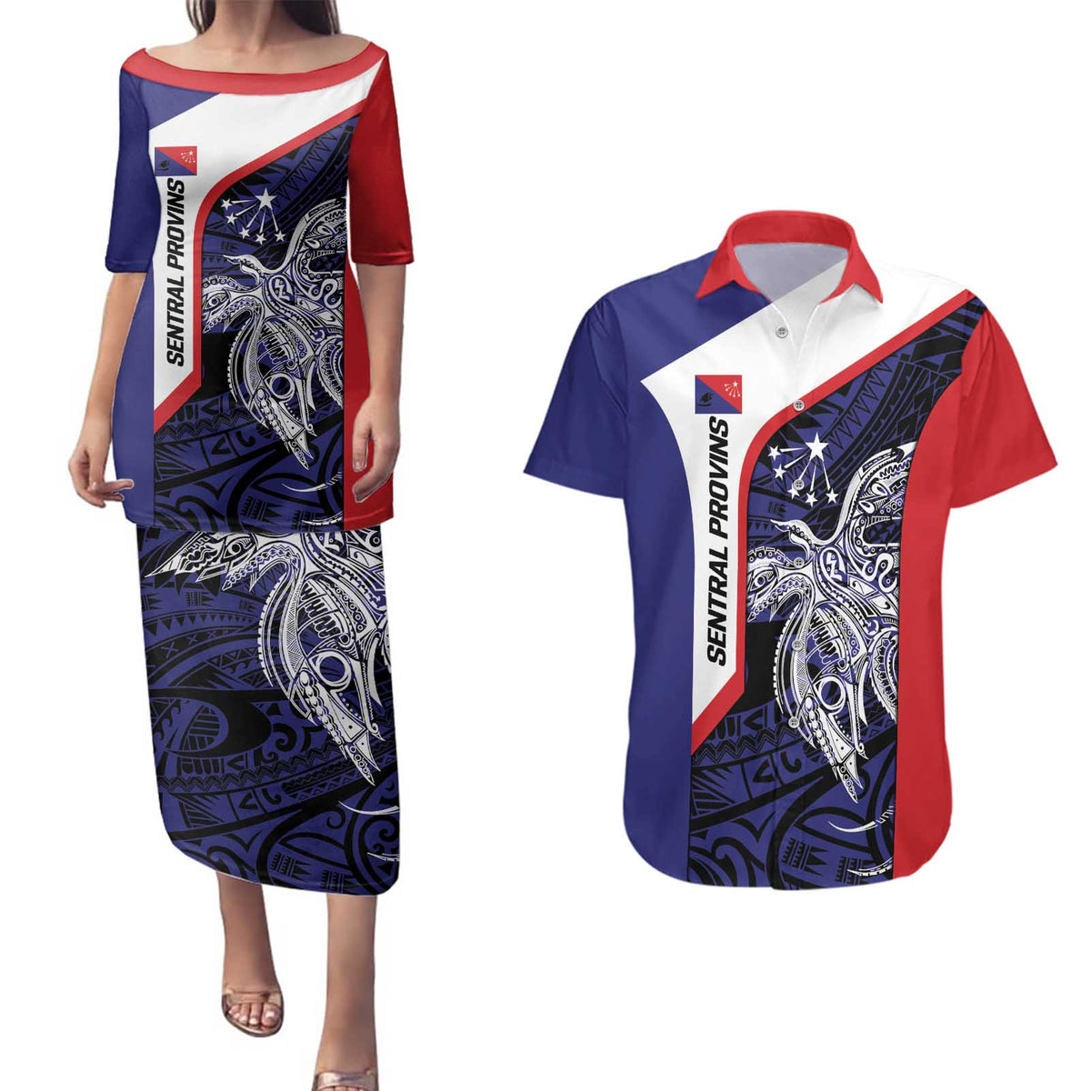Personalised PNG Central Province Couples Matching Puletasi and Hawaiian Shirt Bird of Paradise Tattoo Flag Motif LT9 Blue - Polynesian Pride