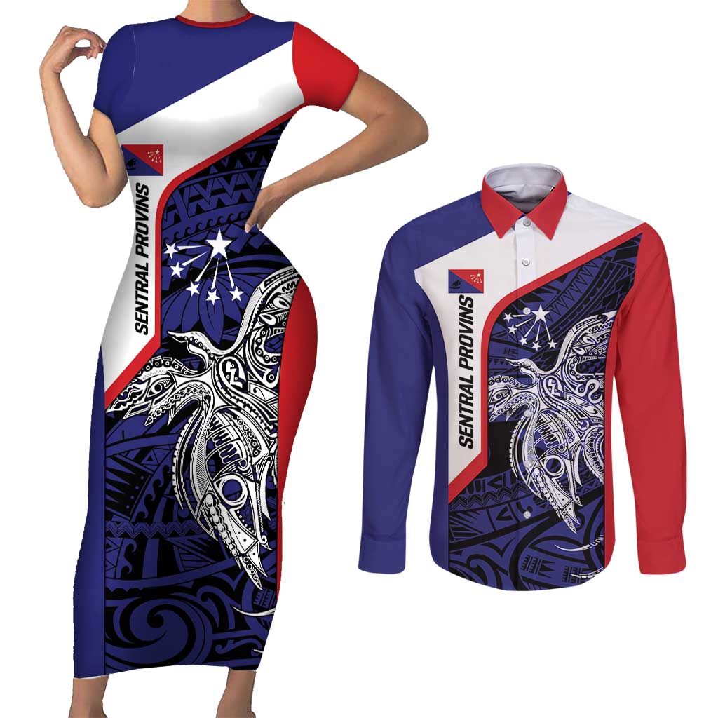Personalised PNG Central Province Couples Matching Short Sleeve Bodycon Dress and Long Sleeve Button Shirt Bird of Paradise Tattoo Flag Motif LT9 Blue - Polynesian Pride