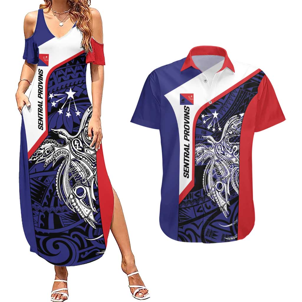 Personalised PNG Central Province Couples Matching Summer Maxi Dress and Hawaiian Shirt Bird of Paradise Tattoo Flag Motif LT9 Blue - Polynesian Pride