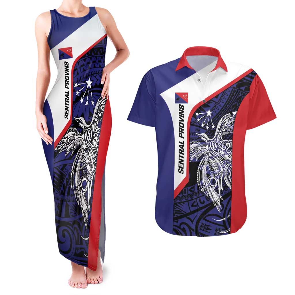 Personalised PNG Central Province Couples Matching Tank Maxi Dress and Hawaiian Shirt Bird of Paradise Tattoo Flag Motif LT9 Blue - Polynesian Pride