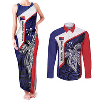 Personalised PNG Central Province Couples Matching Tank Maxi Dress and Long Sleeve Button Shirt Bird of Paradise Tattoo Flag Motif LT9 Blue - Polynesian Pride