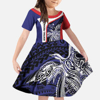 Personalised PNG Central Province Family Matching Long Sleeve Bodycon Dress and Hawaiian Shirt Bird of Paradise Tattoo Flag Motif LT9 Daughter's Dress Blue - Polynesian Pride